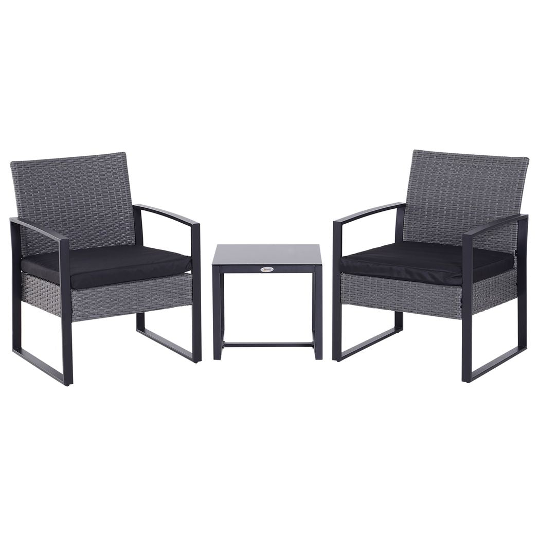 Outsunny 3 Pieces Rattan Dining Set Patio Bistro Table Chair Conversation Set w/ Cushion Grey 63cmx57cmx76cm