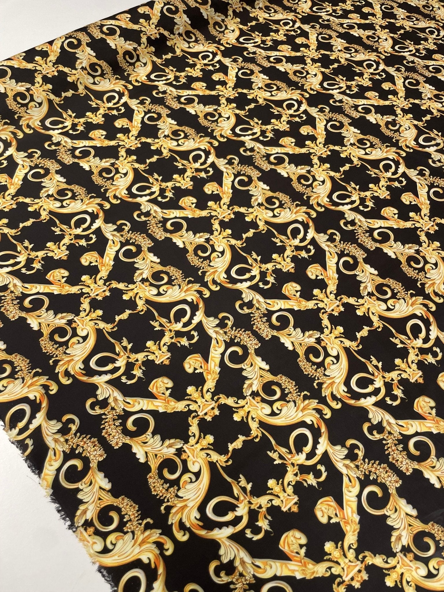 Black Satin Fabric with Gold Baroque Scroll Design