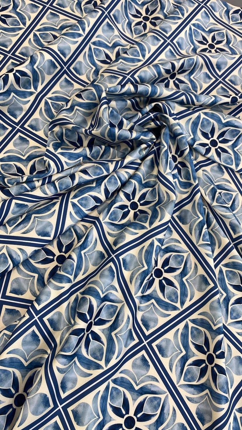 Blue Mediterranean Tile Pattern Fabric by Metre