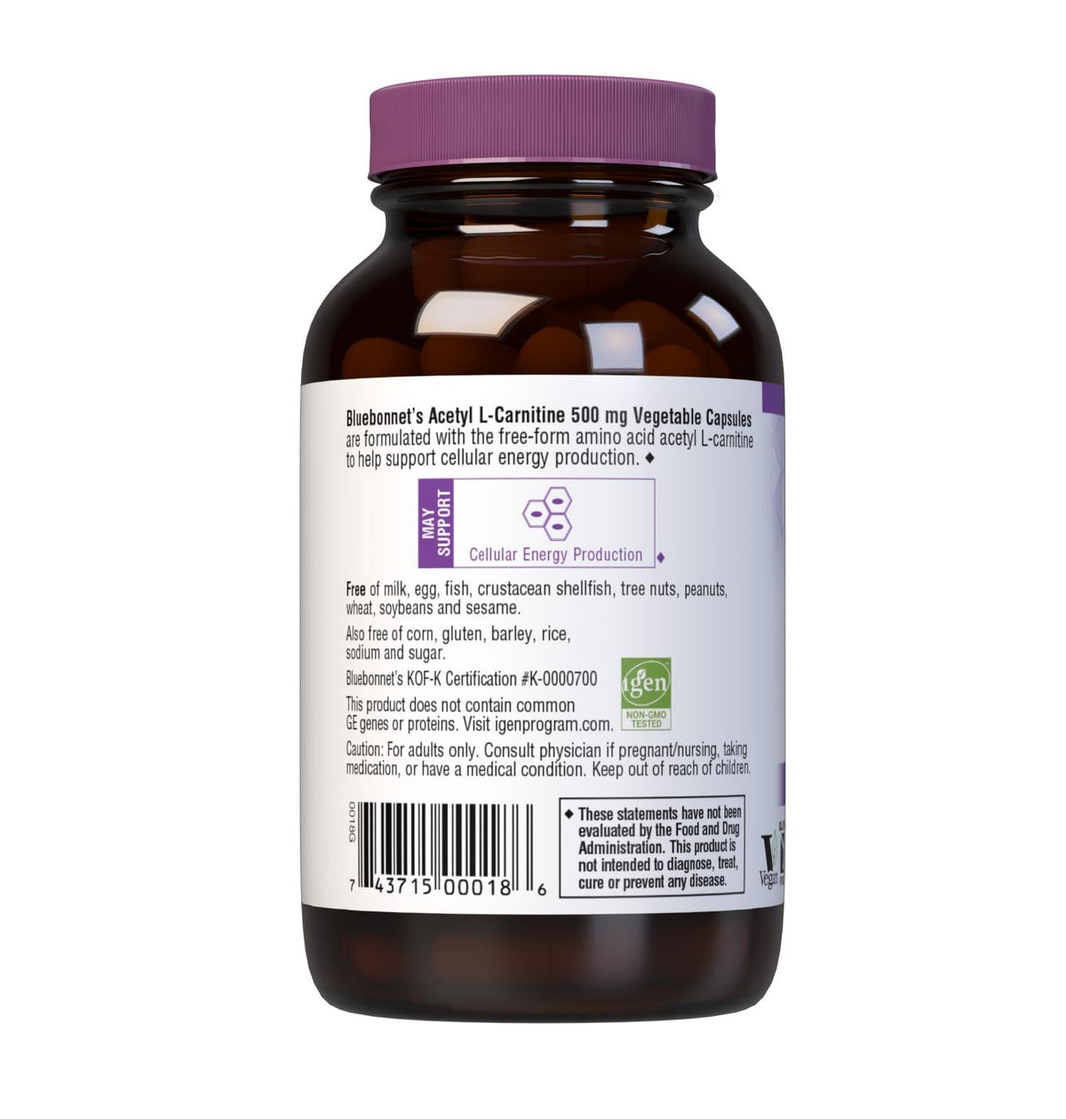 BlueBonnet Acetyl L-Carnitine 500 mg Vitamin Capsules, 60 Count