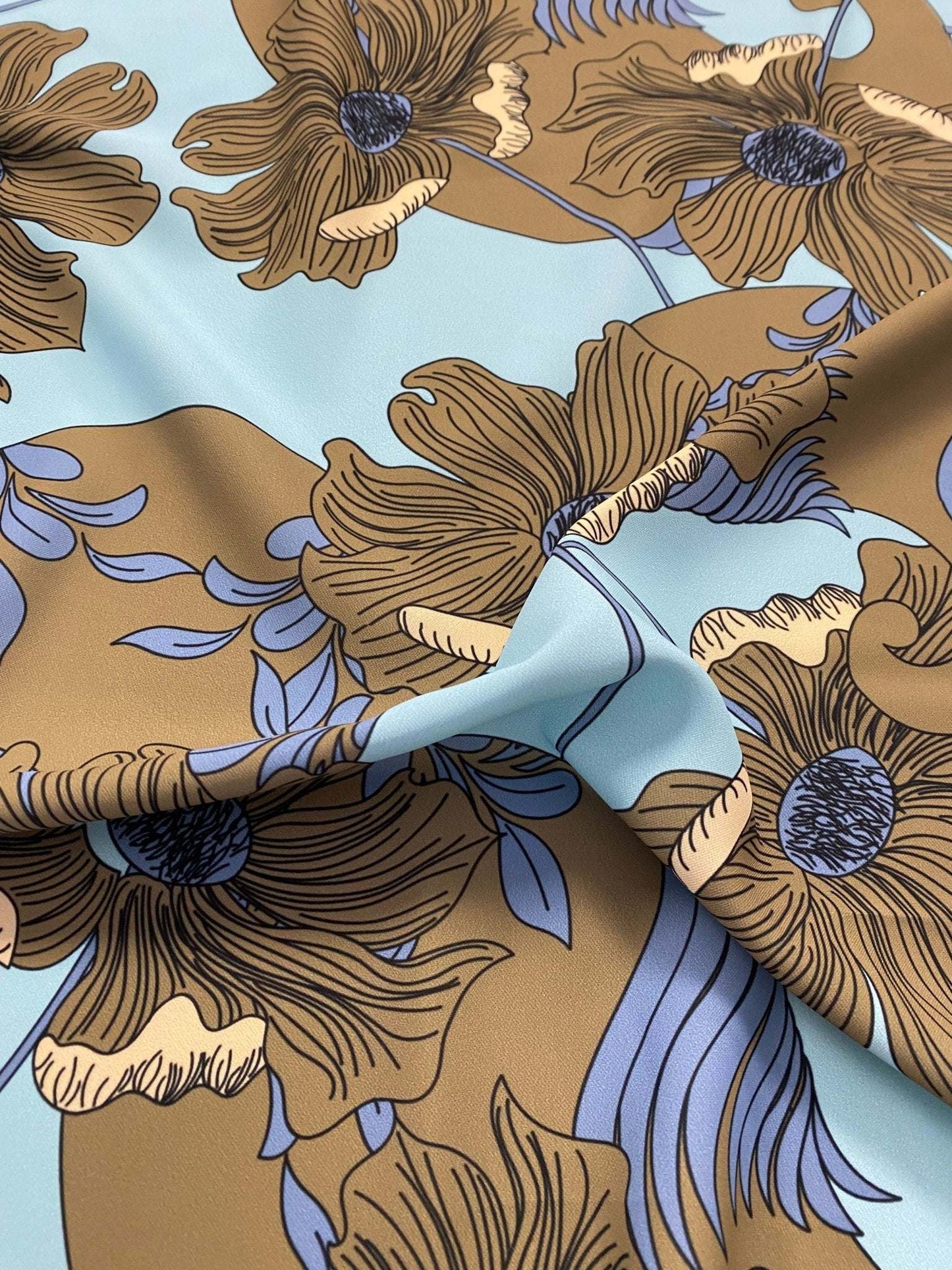 Brown Floral Print Fabric on Light Blue Background by Metre