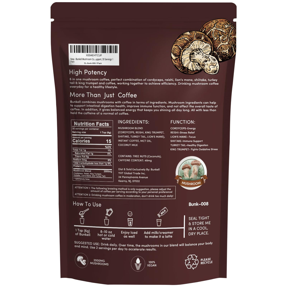 Bunkell Mushroom Coffee | Adaptogenic 6-Mushroom Blend for Energy & Immunity