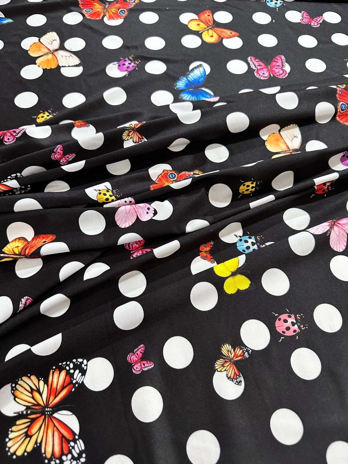Black Polka Dot Butterfly Fabric – Custom Printed Fabric on Satin, Crepe, Spandex or Chiffon