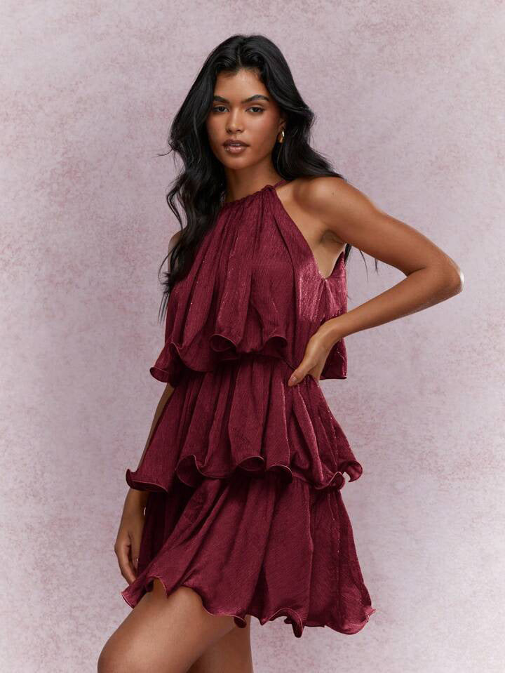 Strapless Sleeveless Sheer Dress With Ruffled Hem And Elegant Design