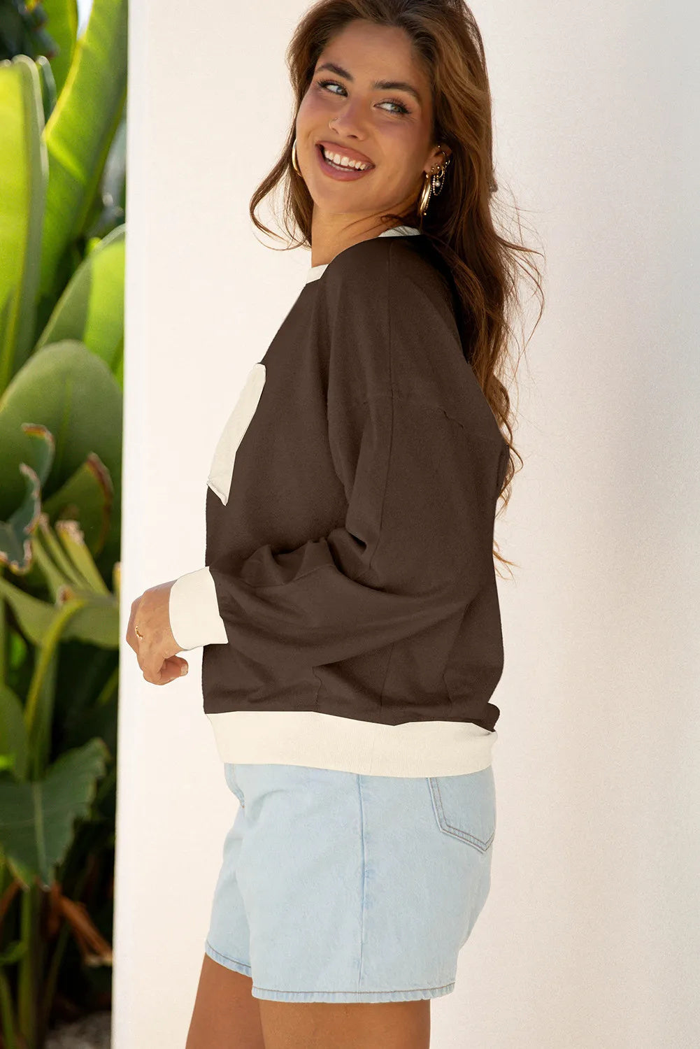 Coffee Raw Edge Flower Patch Drop Shoulder Casual Top