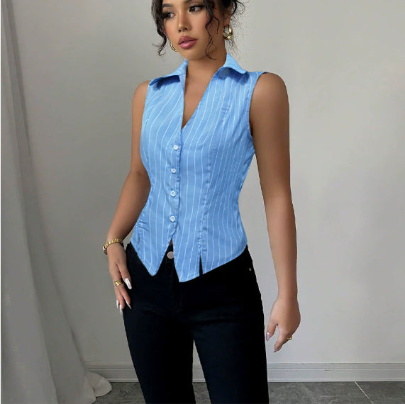 Summer European And American Temperament Striped Sleeveless Shirt