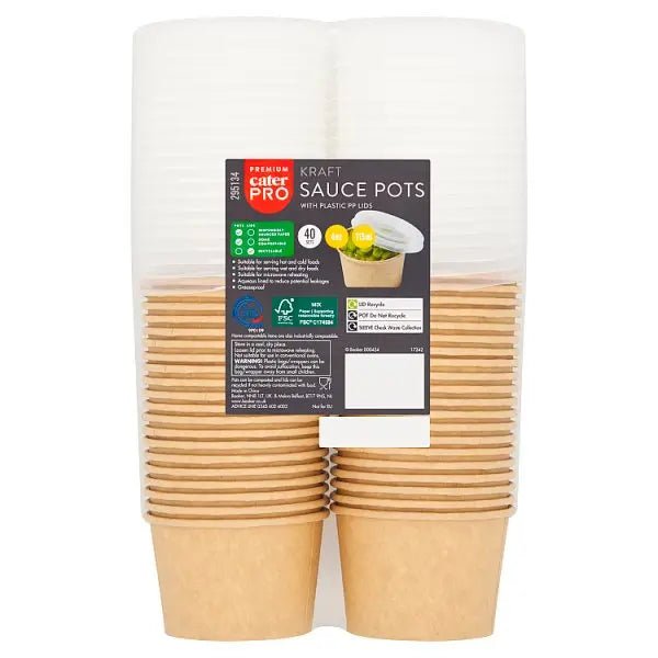 CaterPro 40 Kraft Sauce Pots with Plastic PP Lids 113ml