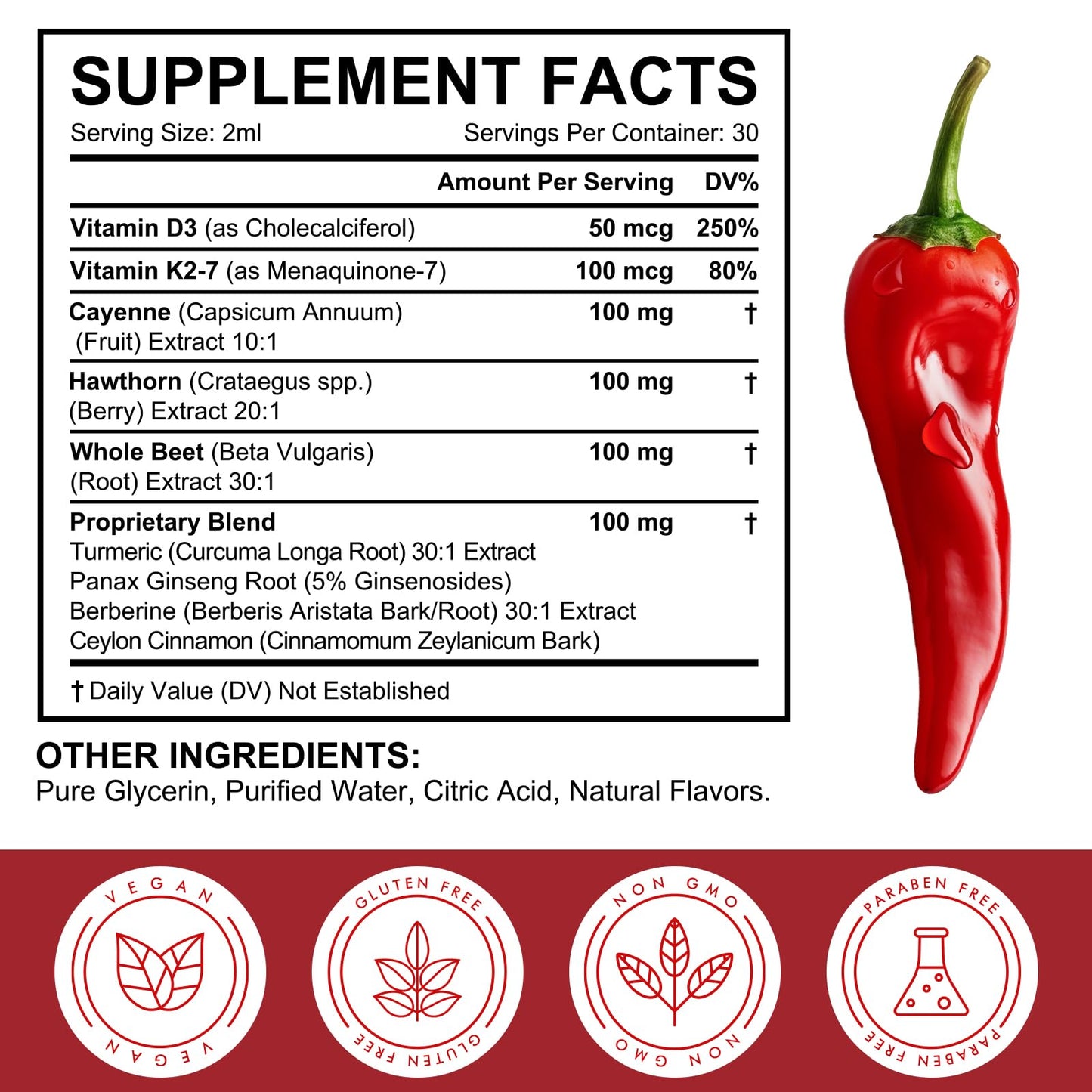 Cayenne Pepper Drops – Organic Cayenne, Hawthorn, Beet Root, Turmeric, K2 & D3 | Vegan
