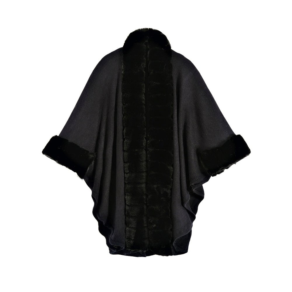 Classic Oversized Knit Coat With Artificial Rabbit Fur Collar - Elegant Pullover Cloak in Monochrome
