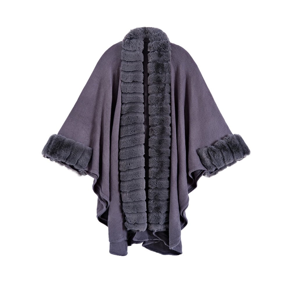 Classic Oversized Knit Coat With Artificial Rabbit Fur Collar - Elegant Pullover Cloak in Monochrome