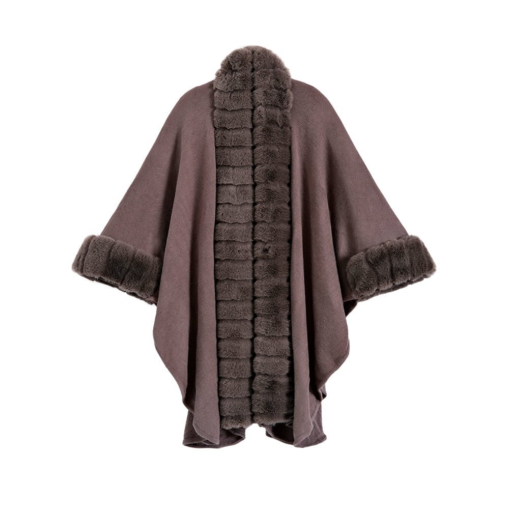 Classic Oversized Knit Coat With Artificial Rabbit Fur Collar - Elegant Pullover Cloak in Monochrome