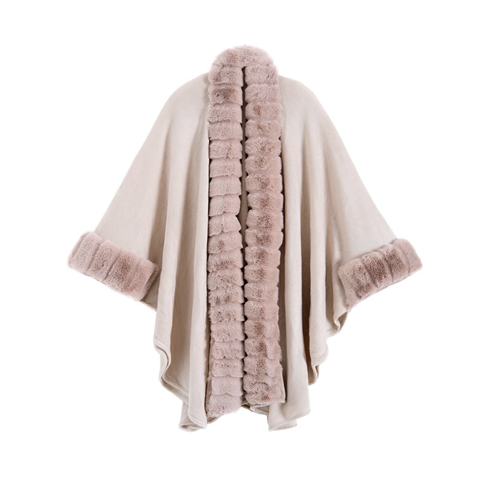 Classic Oversized Knit Coat With Artificial Rabbit Fur Collar - Elegant Pullover Cloak in Monochrome