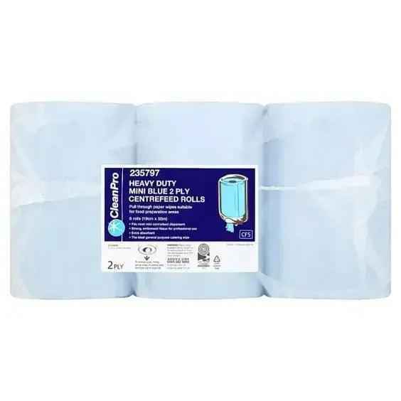Clean Pro 6 Heavy Duty Mini Blue Centrefeed Rolls 2 Ply