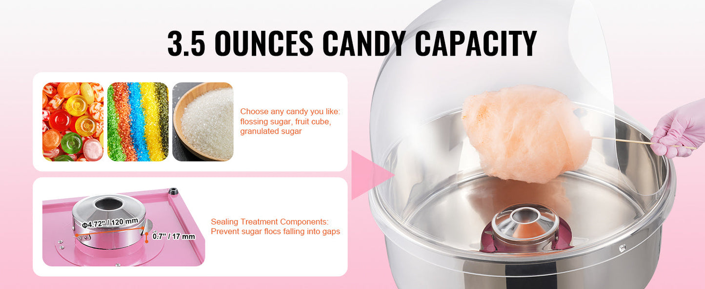 VEVOR Electric Cotton Candy Machine 1000W Candy Floss Maker Commercial Cotton Candy Machine Stainless Steel Bowl and Sugar Scoop