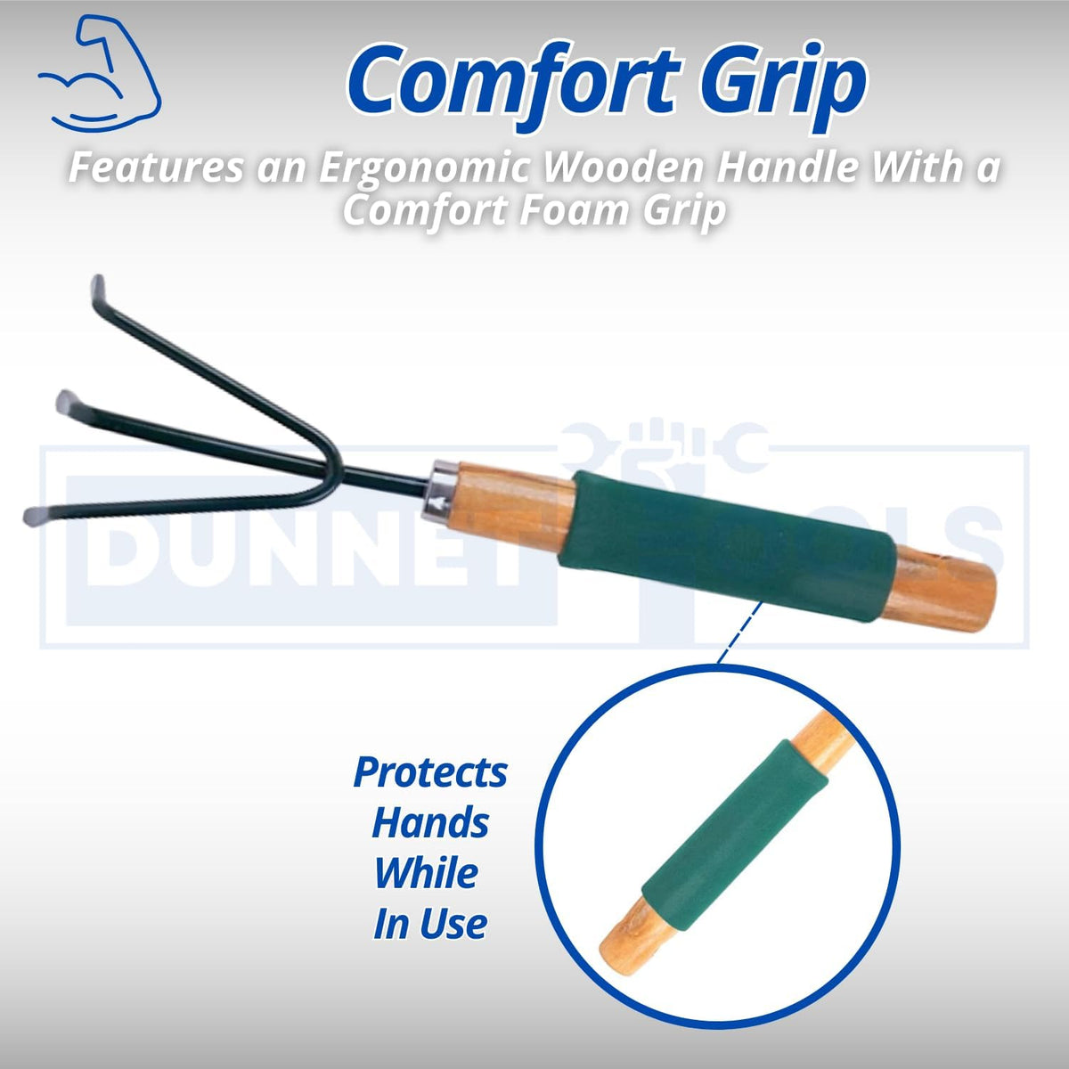 Small Hand Garden Rake with Carbon Steel Head & Wooden Handle for Weeding