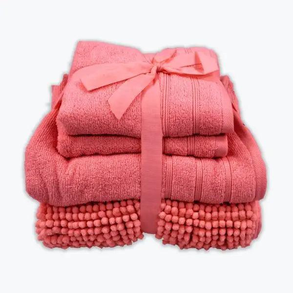 Coordinated Bobble Bath Mat & Towel Set - 4 Pack (Rose Pink)