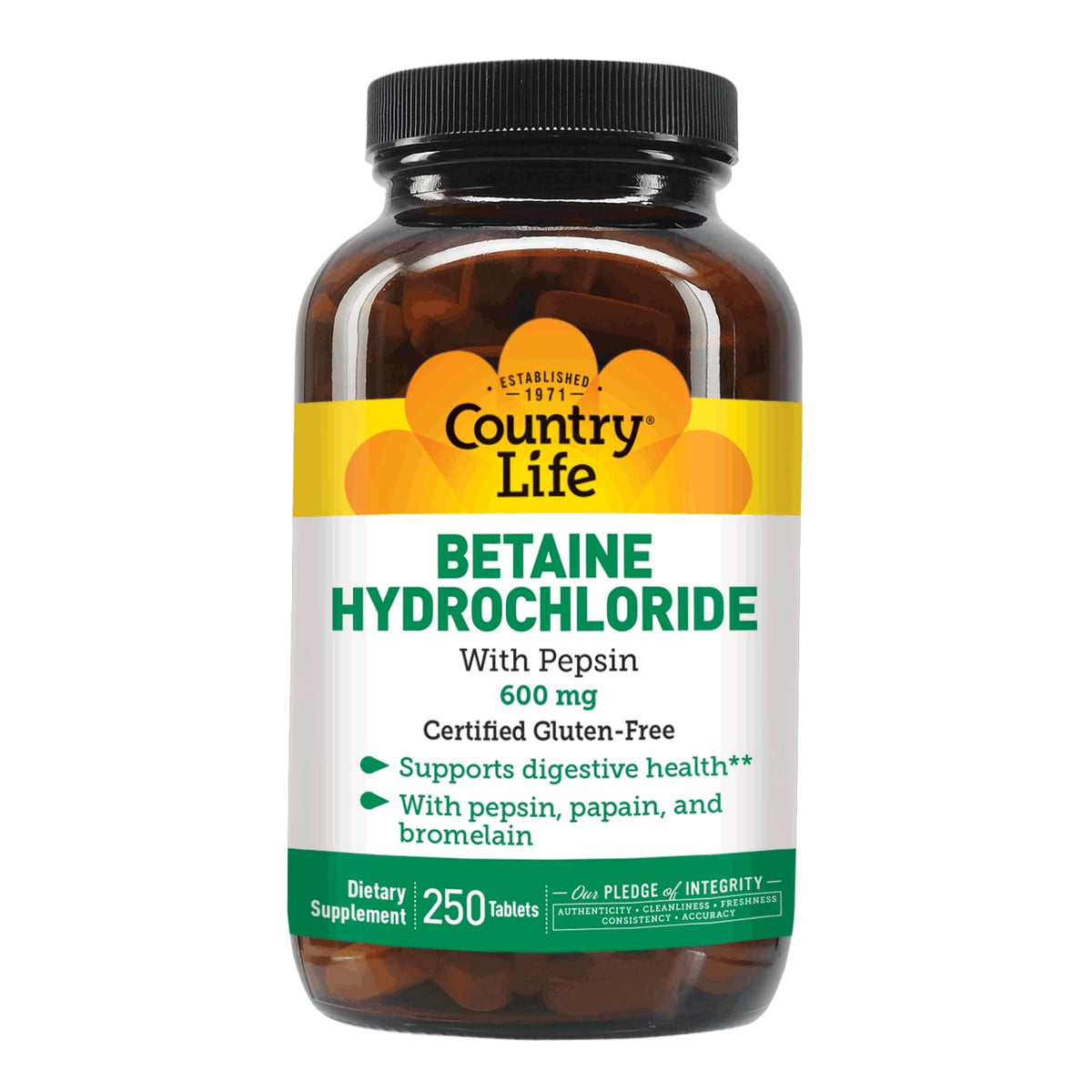 Country Life Betaine HCl with Pepsin 600 mg – 250 Tablets | Digestive Support