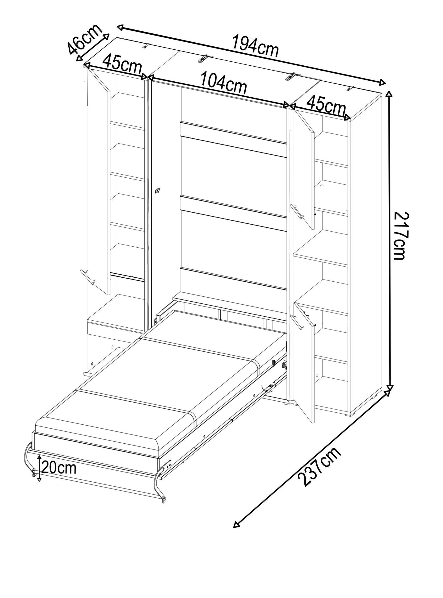CP-03 Vertical Wall Bed Murphy Bed Concept 90cm with Storage Cabinet