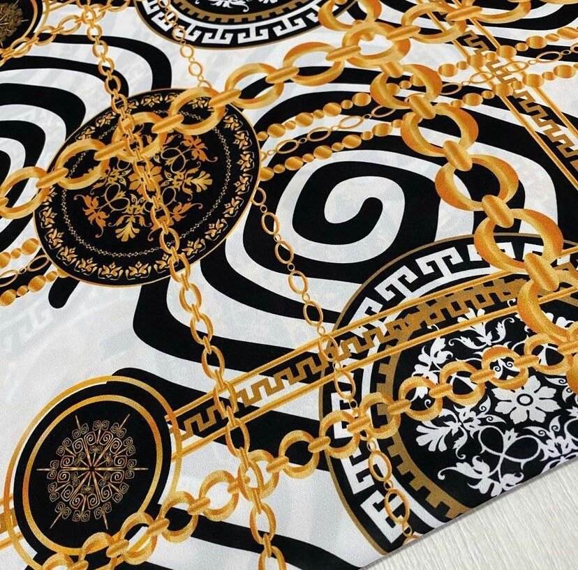 Gold Chain Greek Key Crepe Fabric By Metre