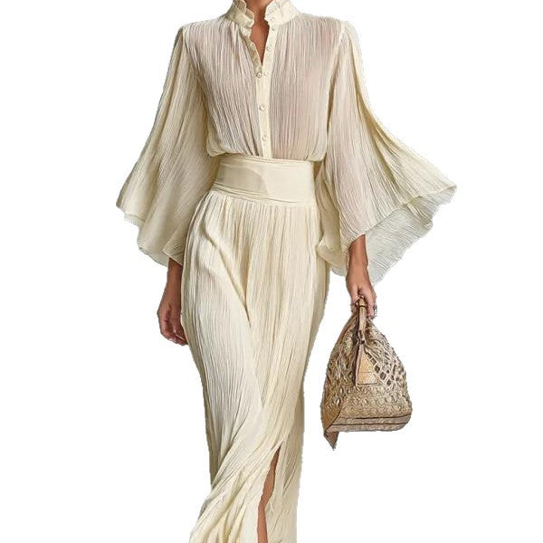 Pleated Wide-sleeve Shirt And Maxi Skirt Two-piece Women's Set