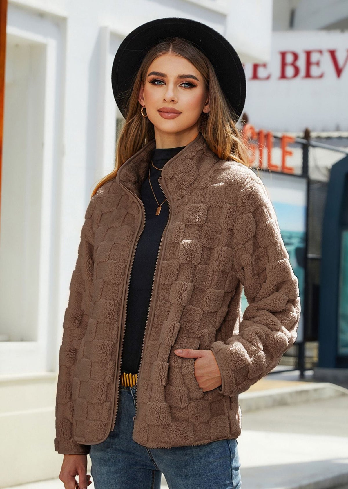 Loose Solid Color Plaid Plush Coat
