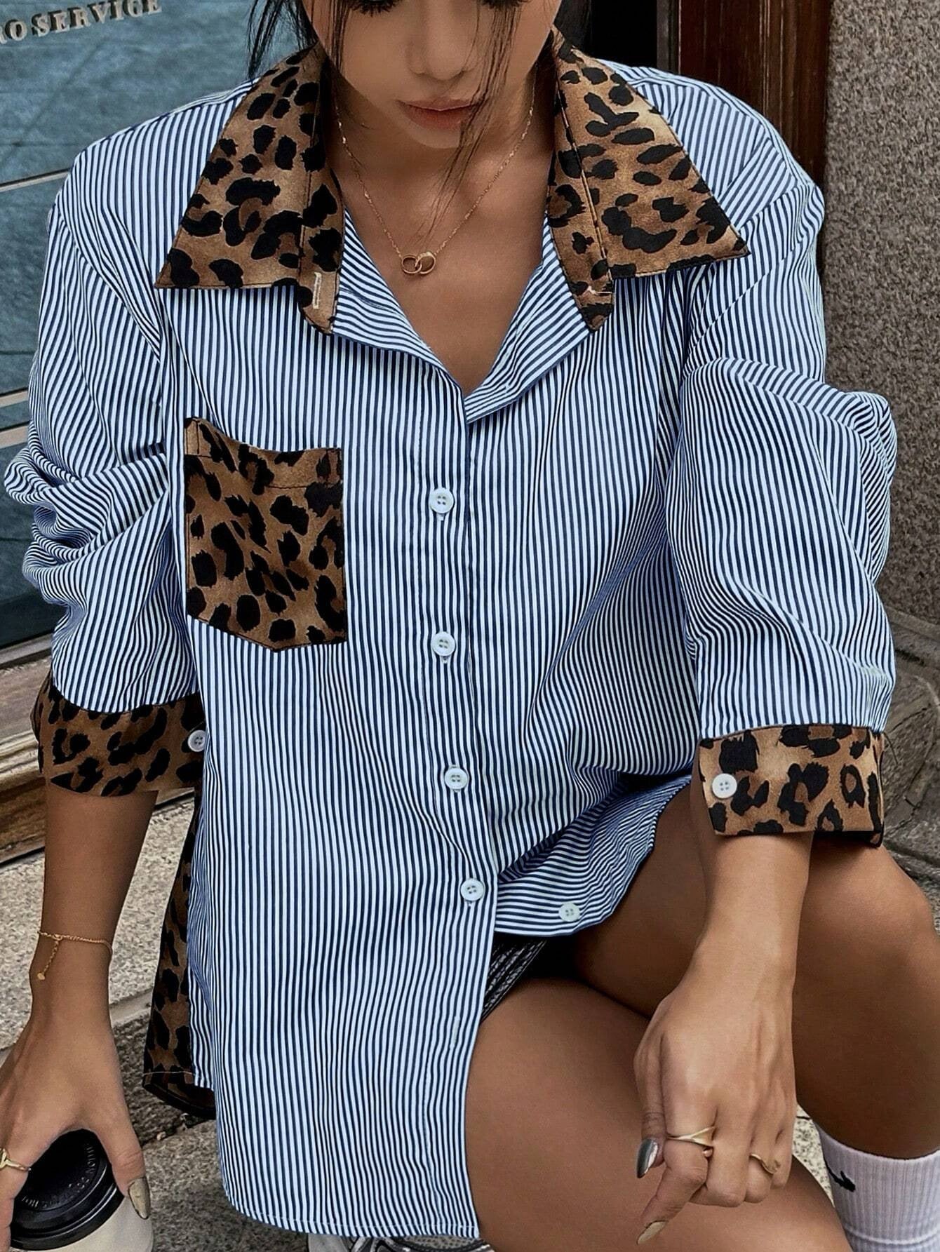 INS Leopard Striped Patchwork Shirt Fashion Casual Long-sleeved Button Lapel Top Women's Clothing