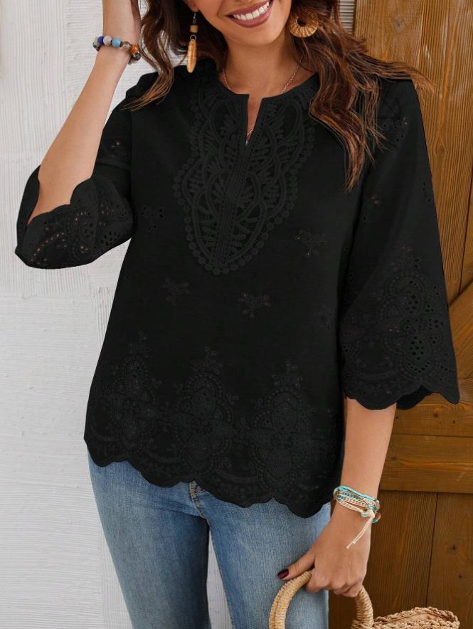 Lace-trimmed V-neck Springsummer New Arrival Three-quarter-sleeve Blouse