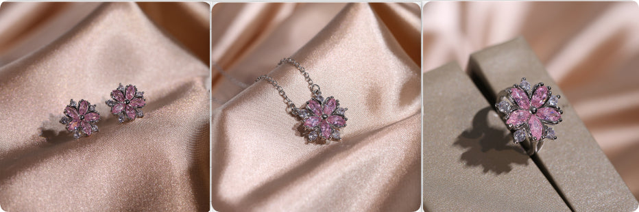 Fashion Jewelry Zircon Women Necklace Ring Double Layers Flower Cubic Zirconia Jewelry Shiny Simple All Match Stud Earrings Ring Necklace For Wedding