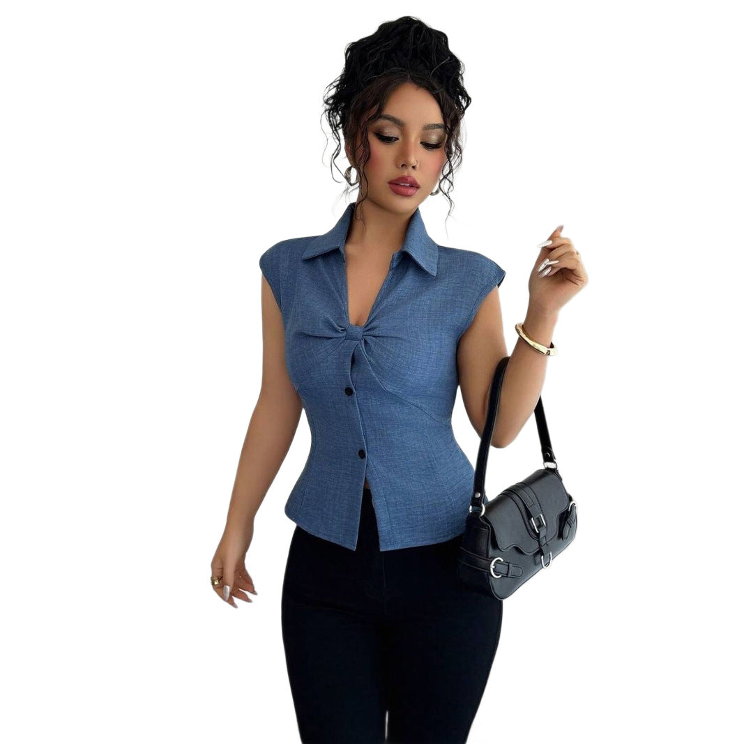 Women's Slim-fit Sleeveless Blouse With Pleats Elegant Top