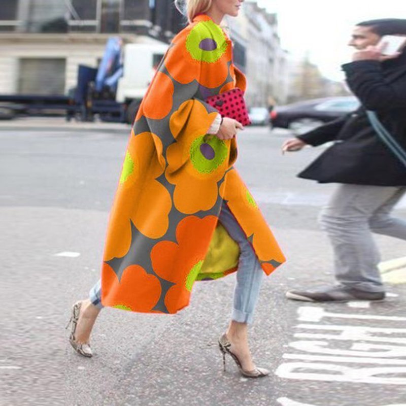 Women's Long Flared Sleeve Printed Loose Trench Coat