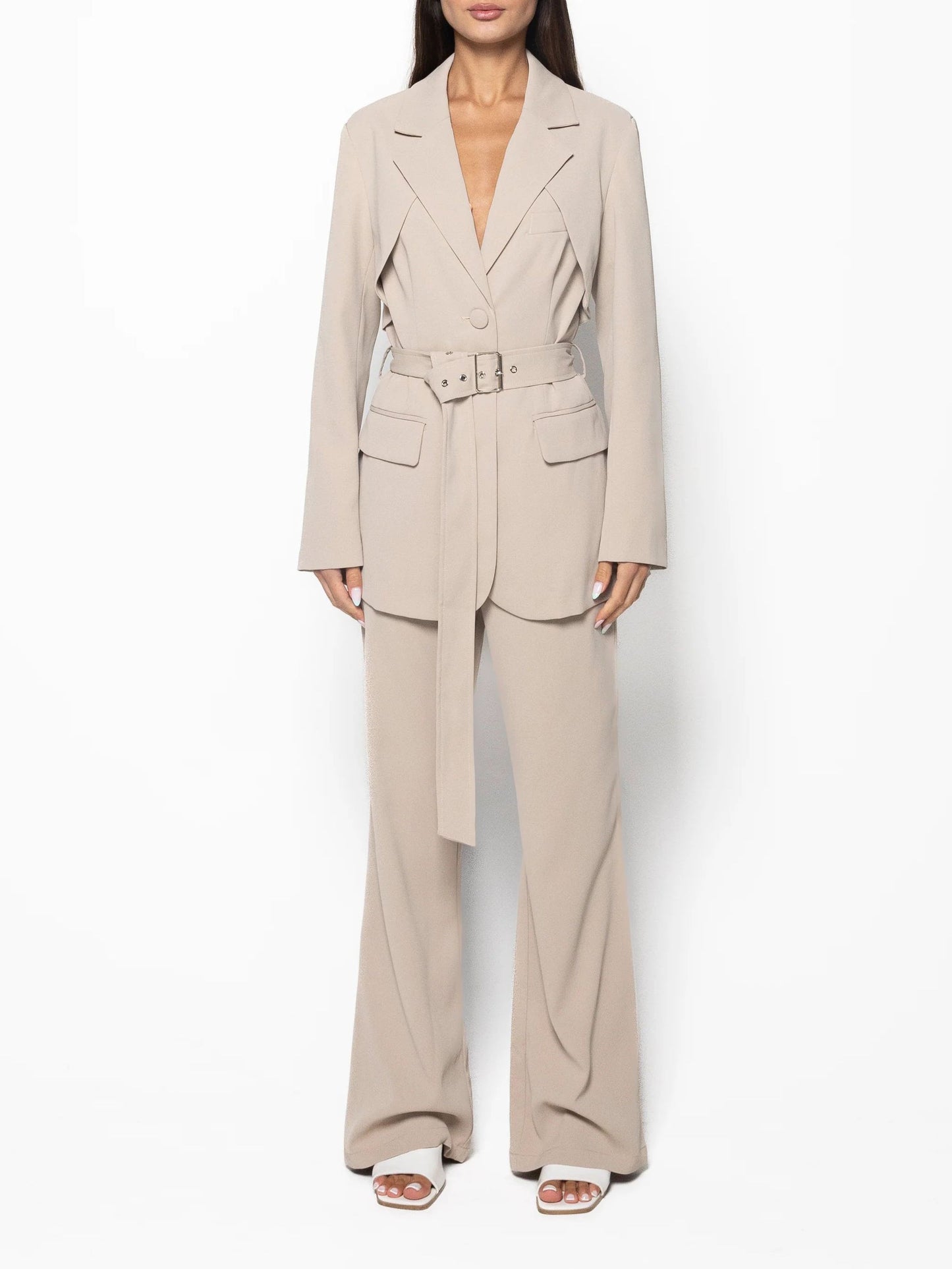 Elegant Solid Color Belted Blazer & High Waist Pants Set