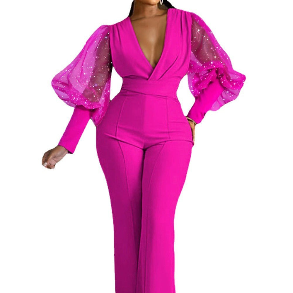 Mesh Stitching Long Sleeves Slim Wide Leg Jumpsuit