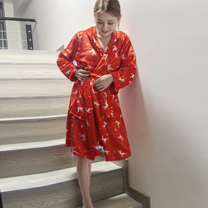 Flannel Hooded Loungewear Robe, Printed Cartoon Bathrobe