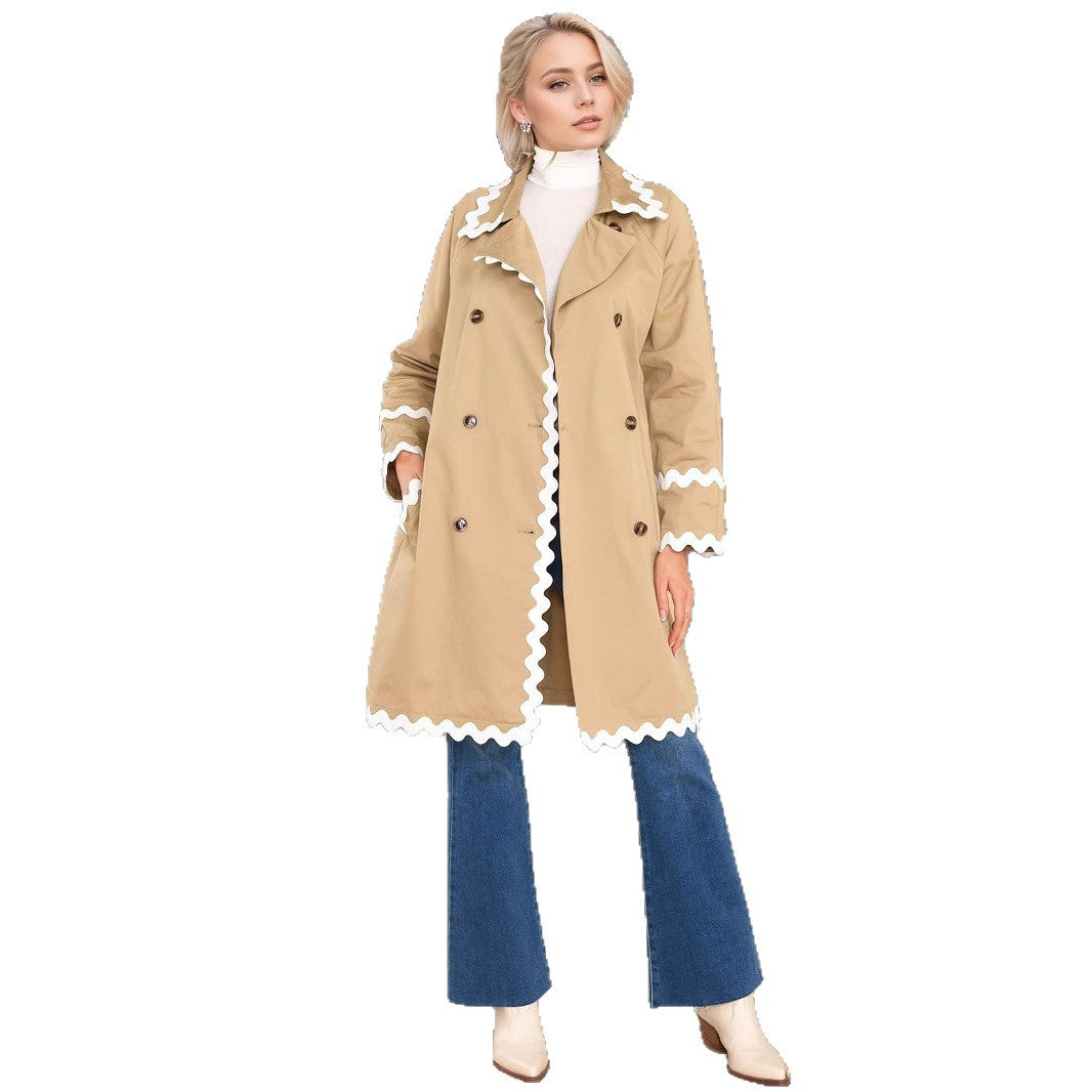 Elegant Chic White Wavy Neckline Double Breasted Coat