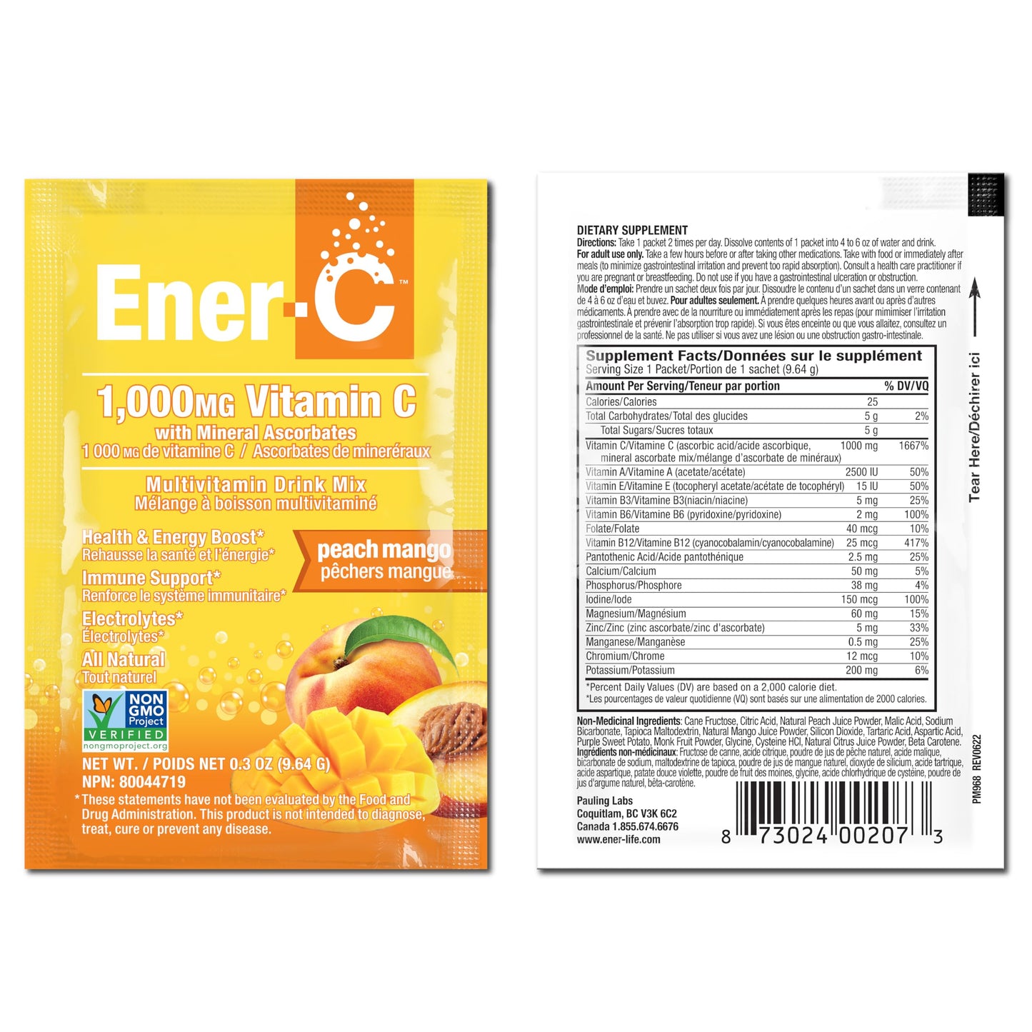Ener-C Peach Mango Multivitamin Drink Mix – Vitamin C 1000mg, Electrolytes, Immune Support