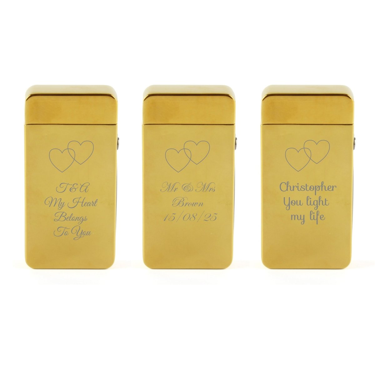 Engraved Electric Arc Lighter, Gold, Overlapping Hearts