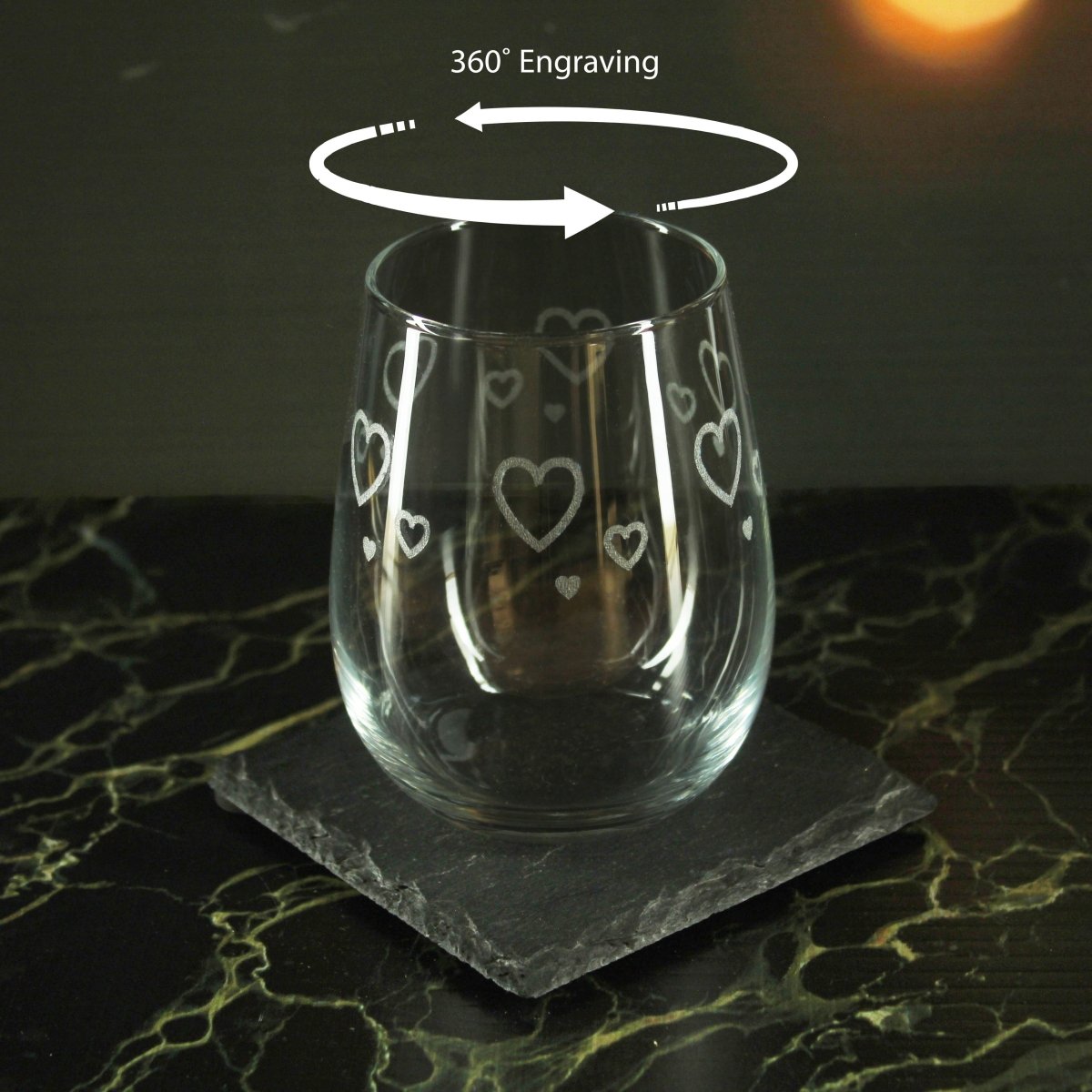 Engraved Hearts Pattern Set of 4 Gaia Stemless Wine 12oz Glasses