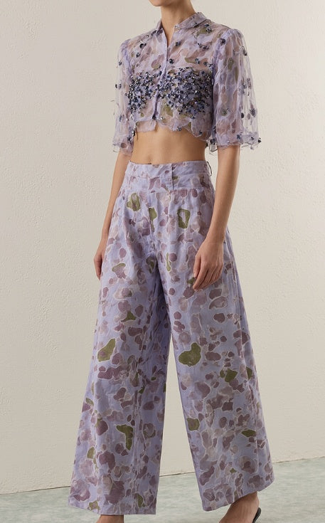 Printed Heavy Beaded Top & High Waist Pants Set