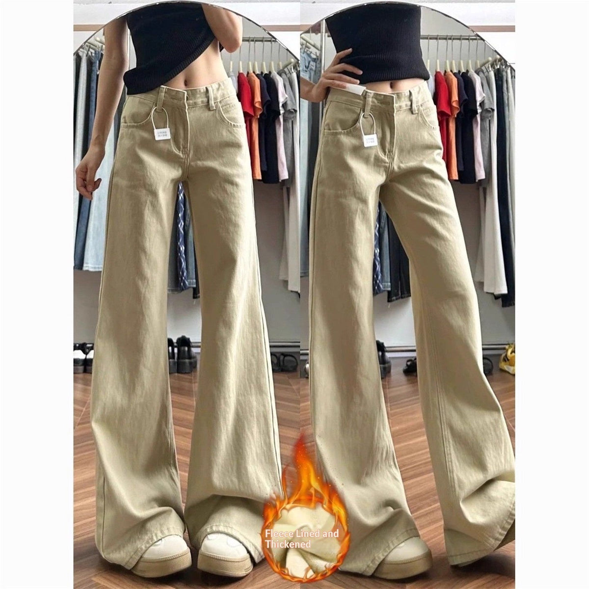 American-style Vintage Khaki Flared High-waist Brown Maillard Loose Floor-length Pants