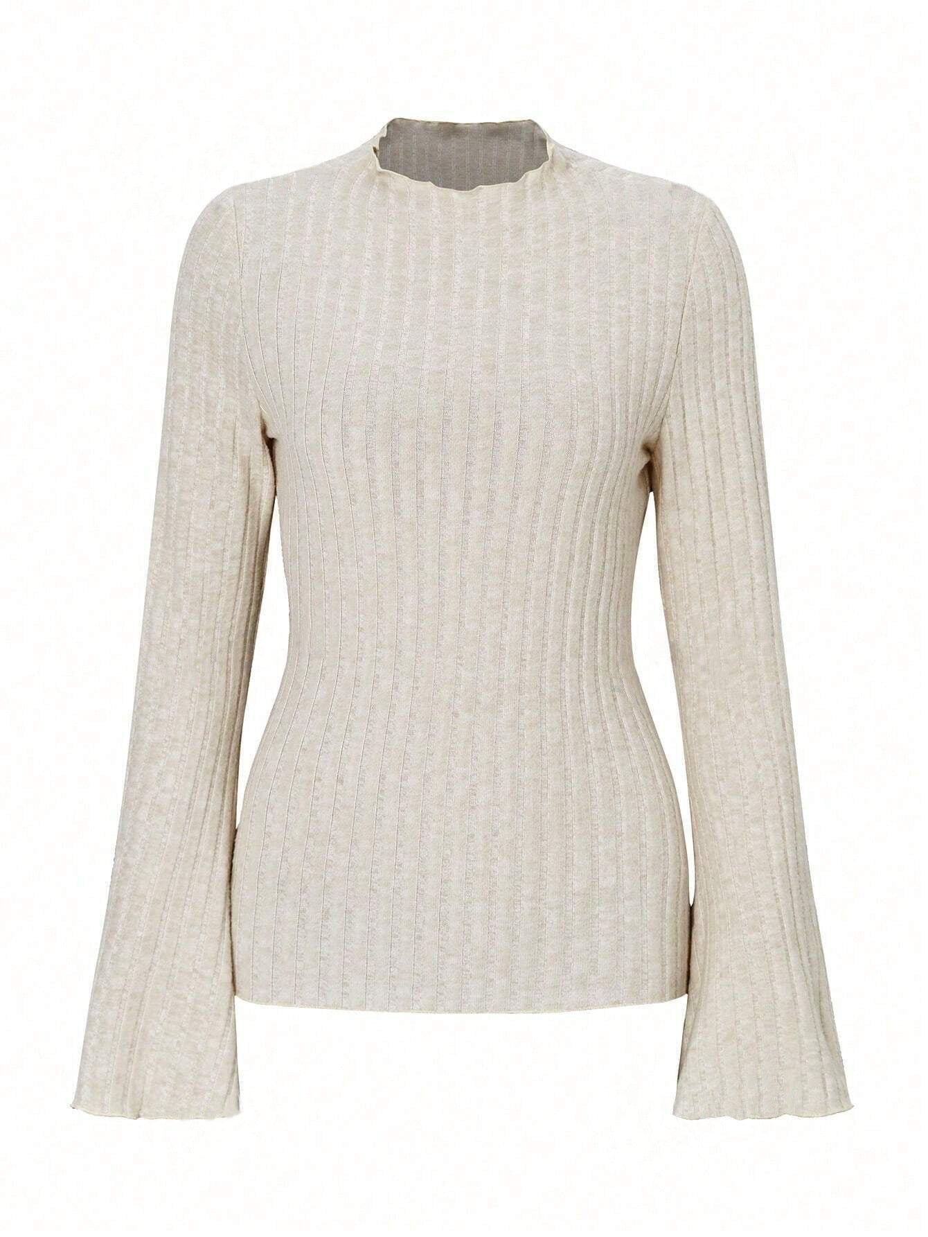 Long Sleeve Round Neck Brushed Sunken Stripe Solid Color Slim Fit Top