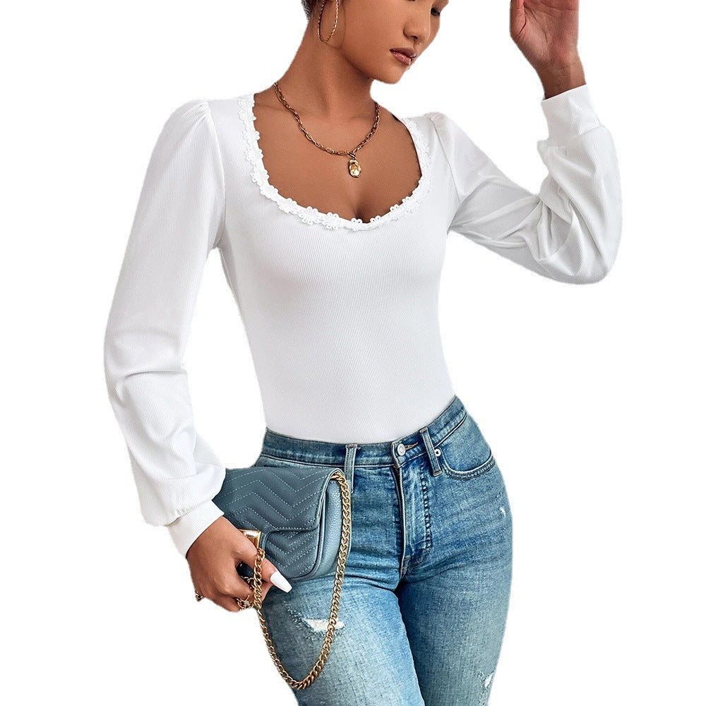 Women's V-neck Puff Sleeve Slim Fit Versatile T-shirt