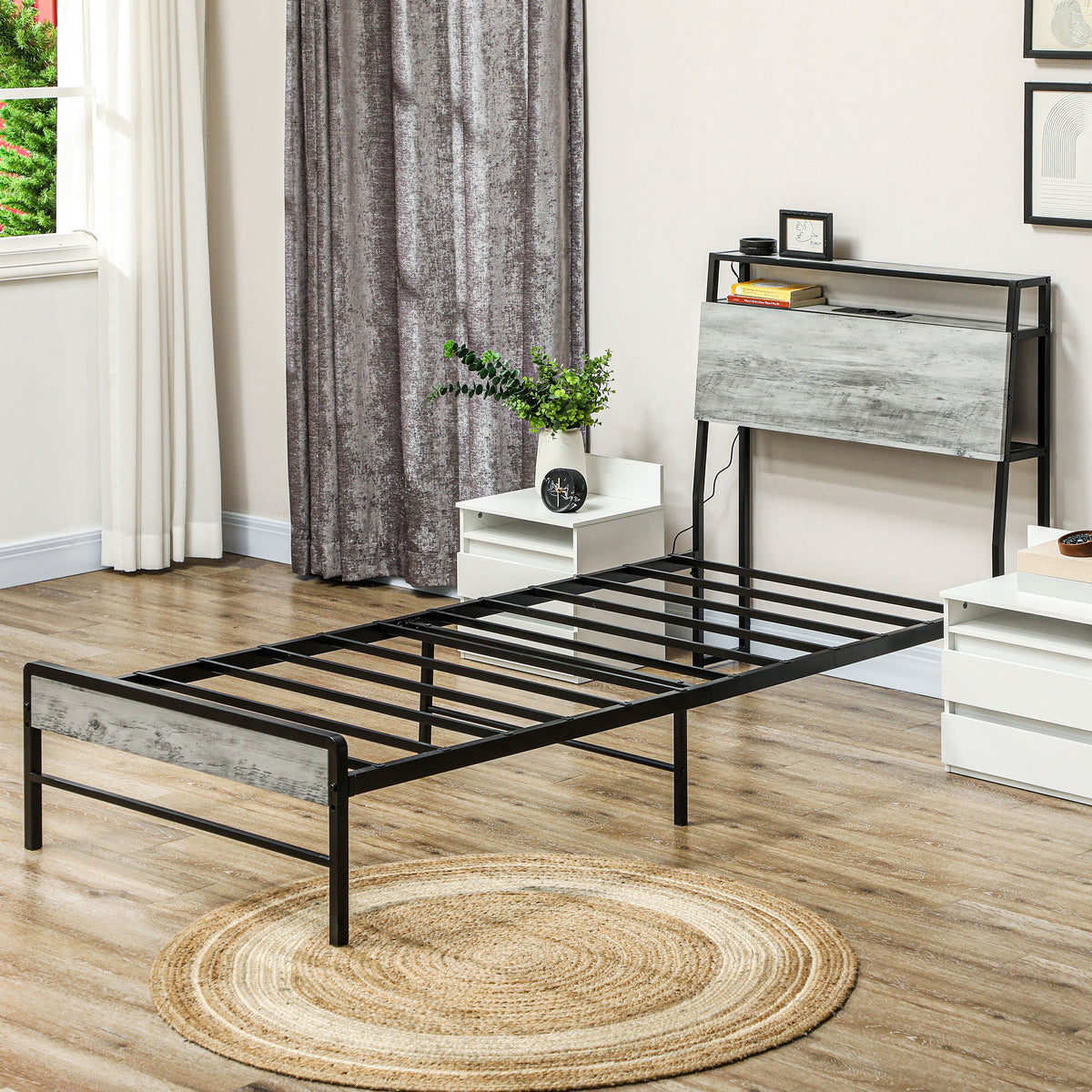 HOMCOM LED Single Bed Frame with Charging Station, 90 x 190cm, Cement Grey