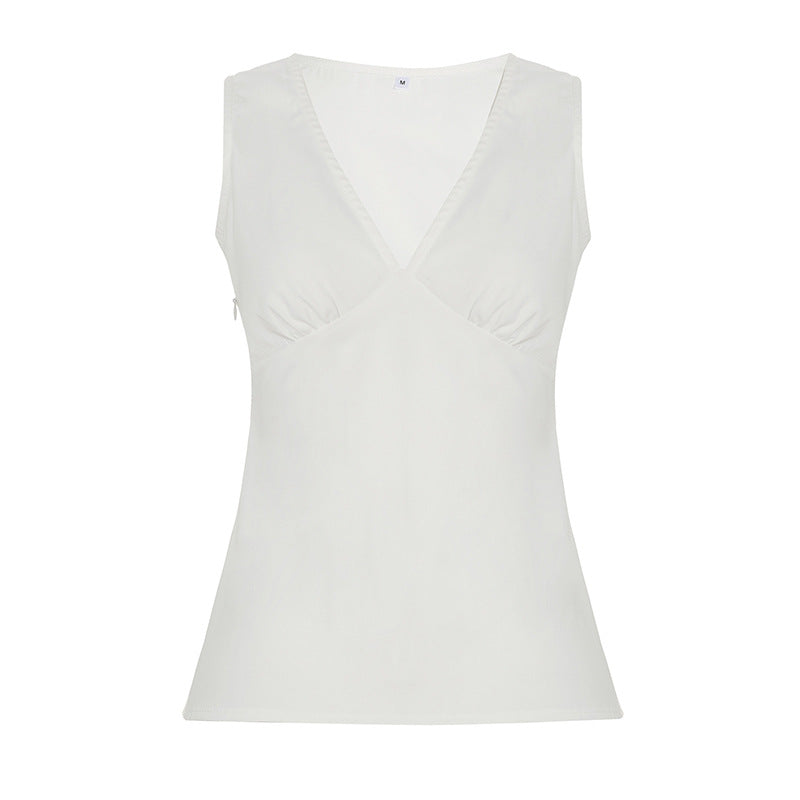 Deep V-neck Strap Pleated Bust Vest Spicy Girl-style Vintage Versatile Figure-hugging Top