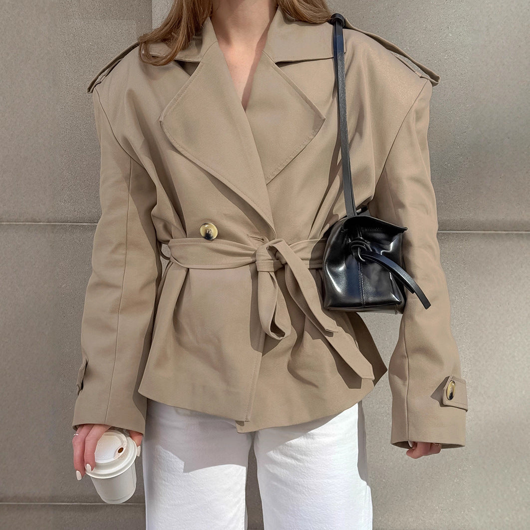 Trendy Casual Lace Up Waist-tight Mid-length Khaki Trench Coat For Women