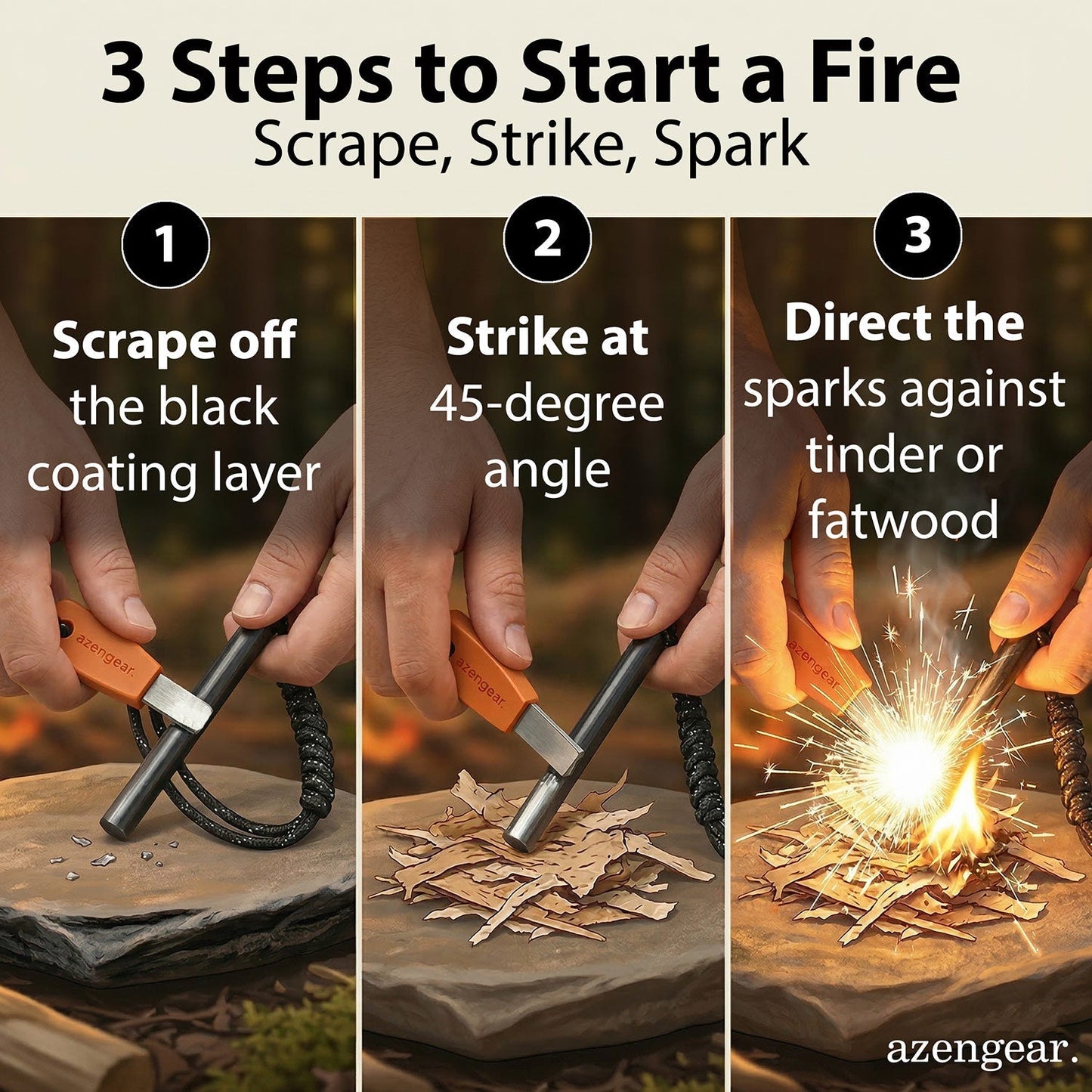 Ferro Rod Fire Starter Kit (10cm x ⌀1cm), Flint and Steel Striker, Fluorescent Paracord - 15,000 Strikes Firesteel Survival Tool for Hiking, Camping and Outdoor Emergency