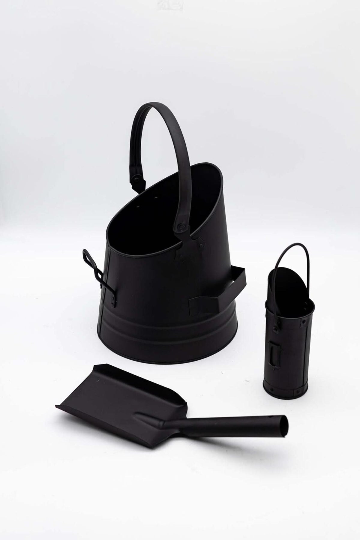 Black Fireside Coal Bucket Shovel & Match Canister Set