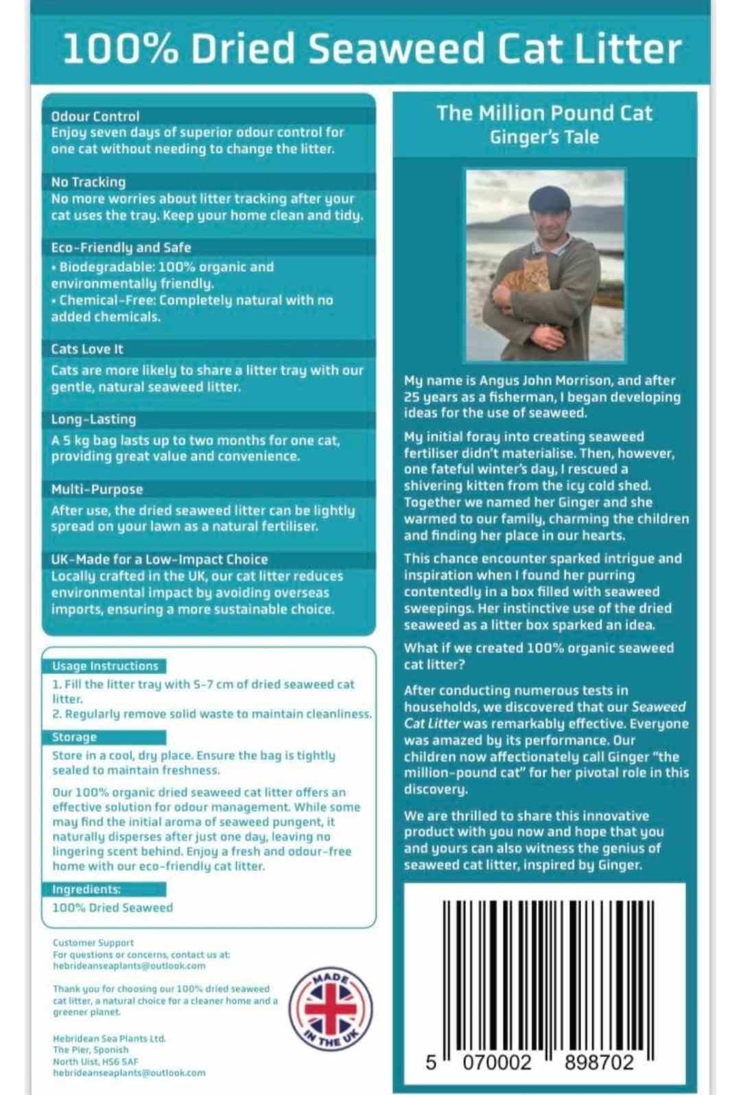 Ginger's Seaweed Cat Litter, Natural Odour Control, Dust free 5kg