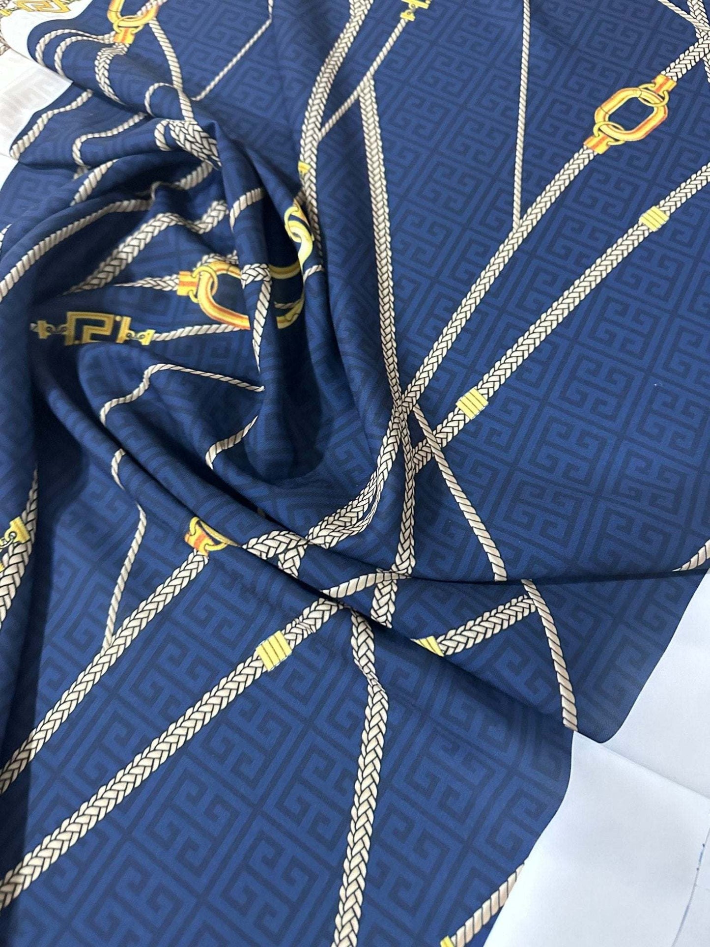 Navy Blue Greek Key Chain Fabric Sold by Metre