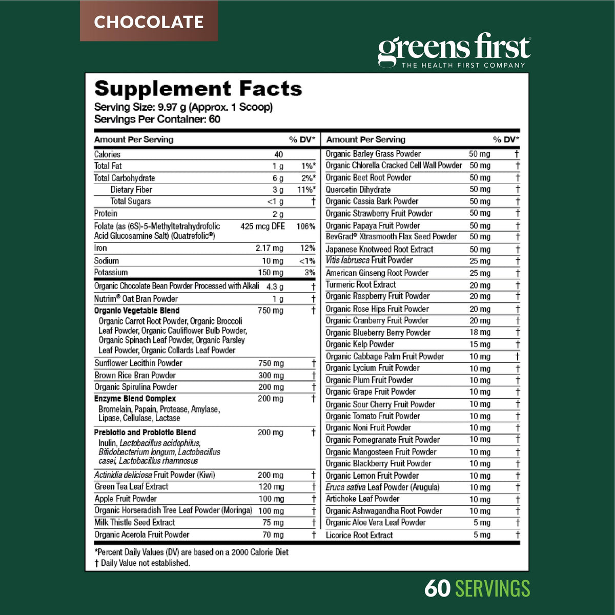 Greens First Original Greens Powder - 49 Superfoods, Chocolate, 60 Servings | Vegan & Non-GMO