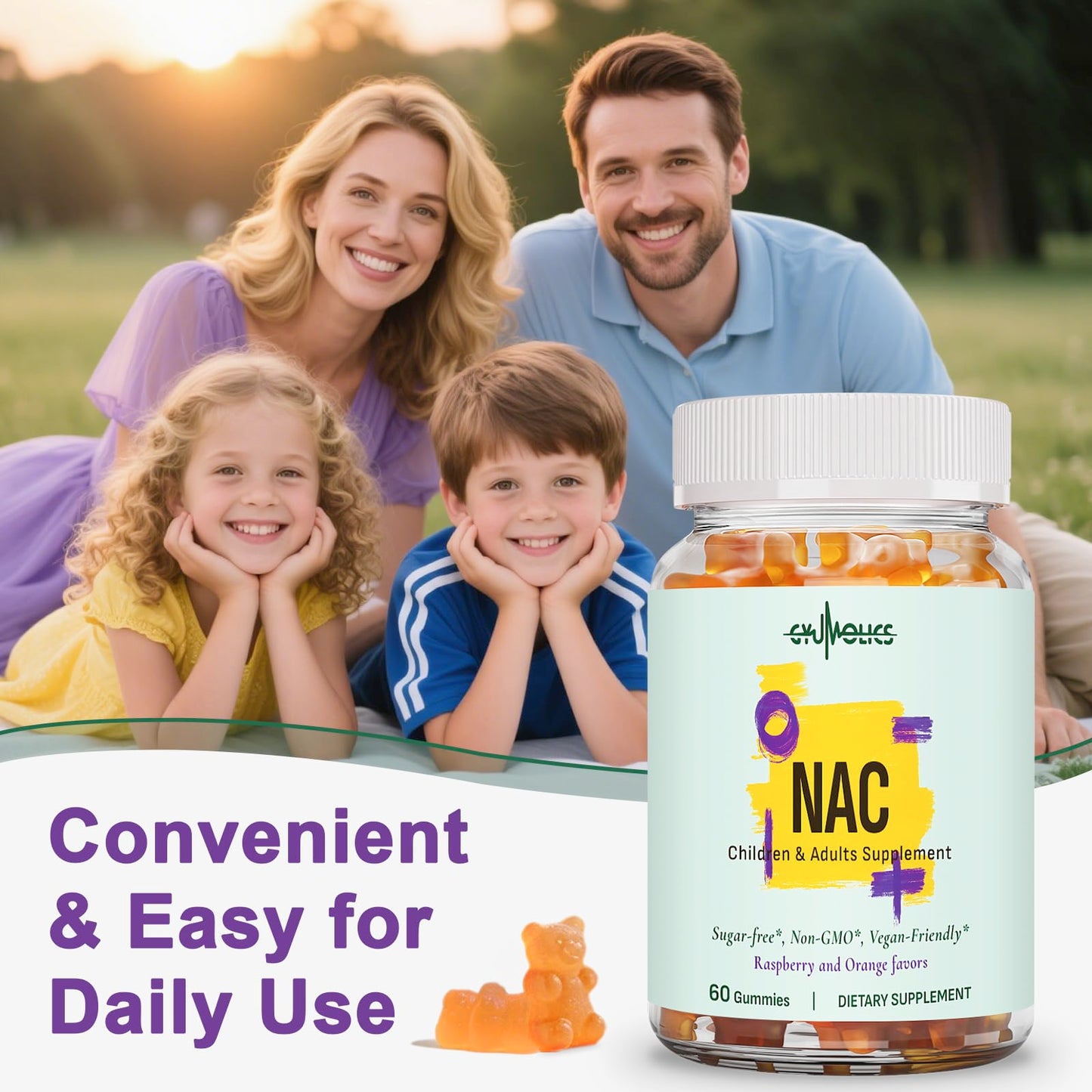 Gyumolics NAC Gummies 1000mg Adults & 500mg Kids – Vegan, Sugar-Free, 120 Gummies